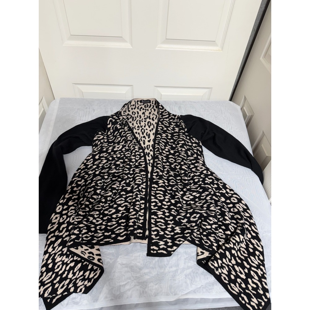 Sisters Womens Leopard Print Open Front Waterfall Cardigan Black Tan SM
